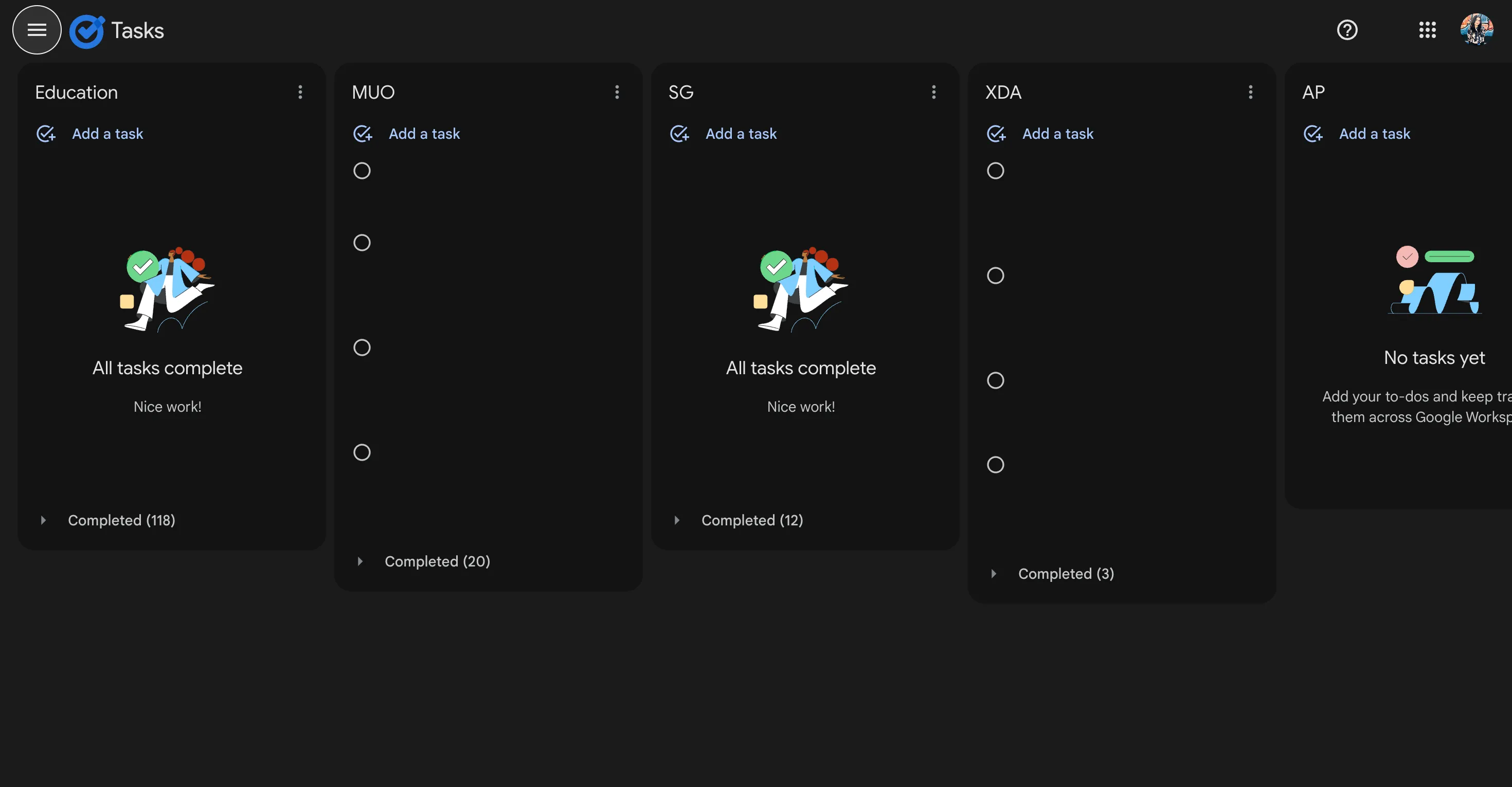 Google Tasks hiển thị các danh sách công việc riêng biệt