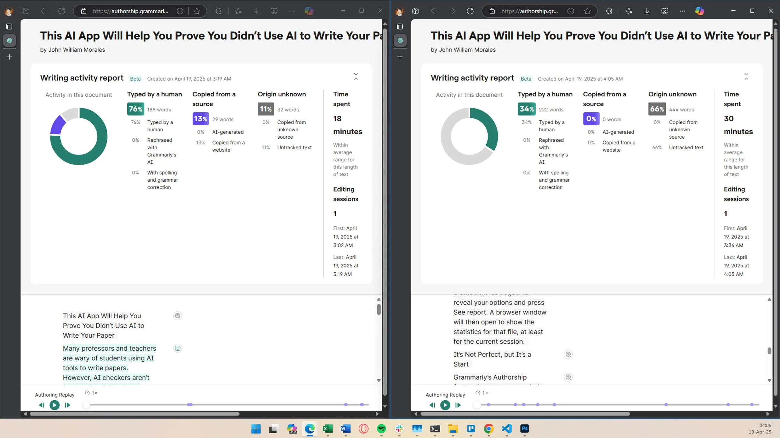 Grammarly Authorship báo cáo 'Nguồn không xác định' khi mở lại tài liệu, cho thấy hạn chế của tính năng