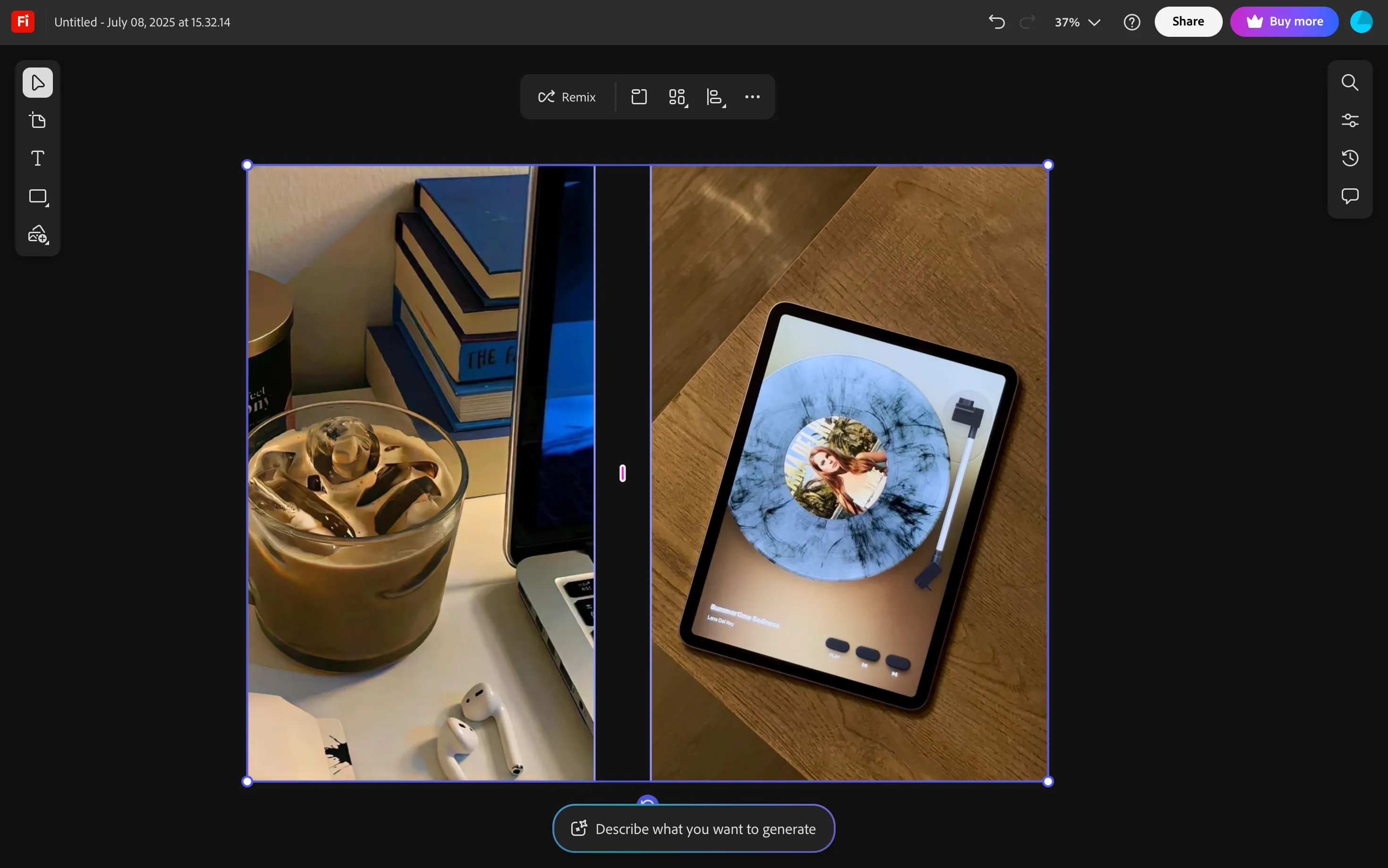 Hai hình ảnh được chọn trong Adobe Firefly Boards, biểu tượng Remix nổi bật sẵn sàng để tạo ảnh hợp nhất bằng AI
