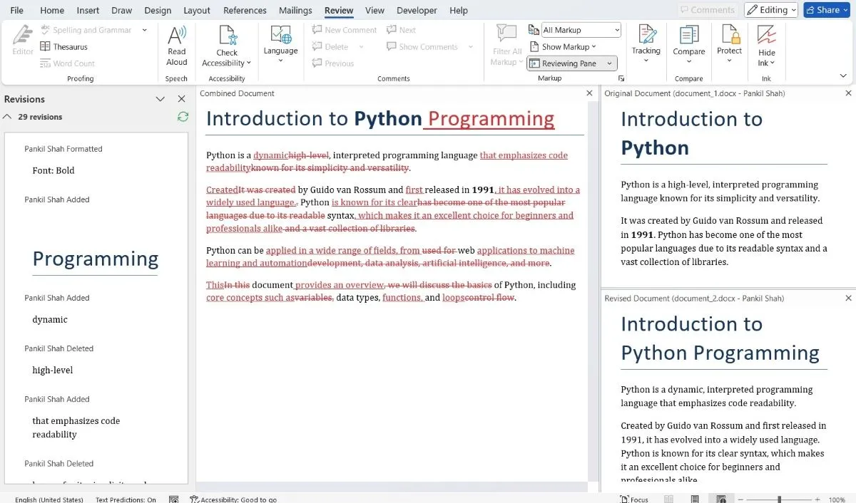 Hai tài liệu Word về Python được so sánh trong Microsoft Word