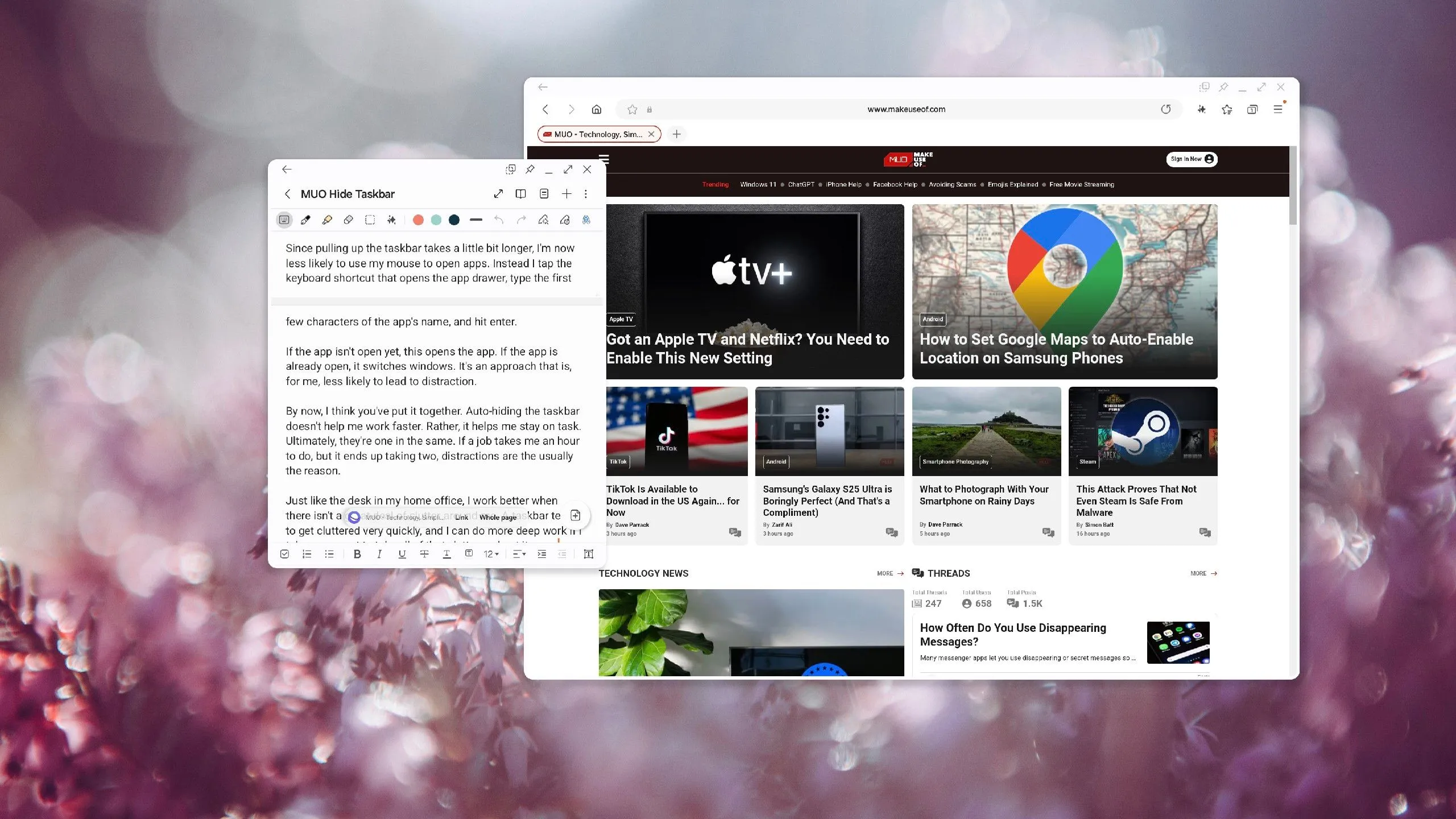 Hai ứng dụng Samsung Notes và Samsung Internet đang mở trên màn hình Samsung DeX, minh họa sự phân tâm khi có quá nhiều cửa sổ.