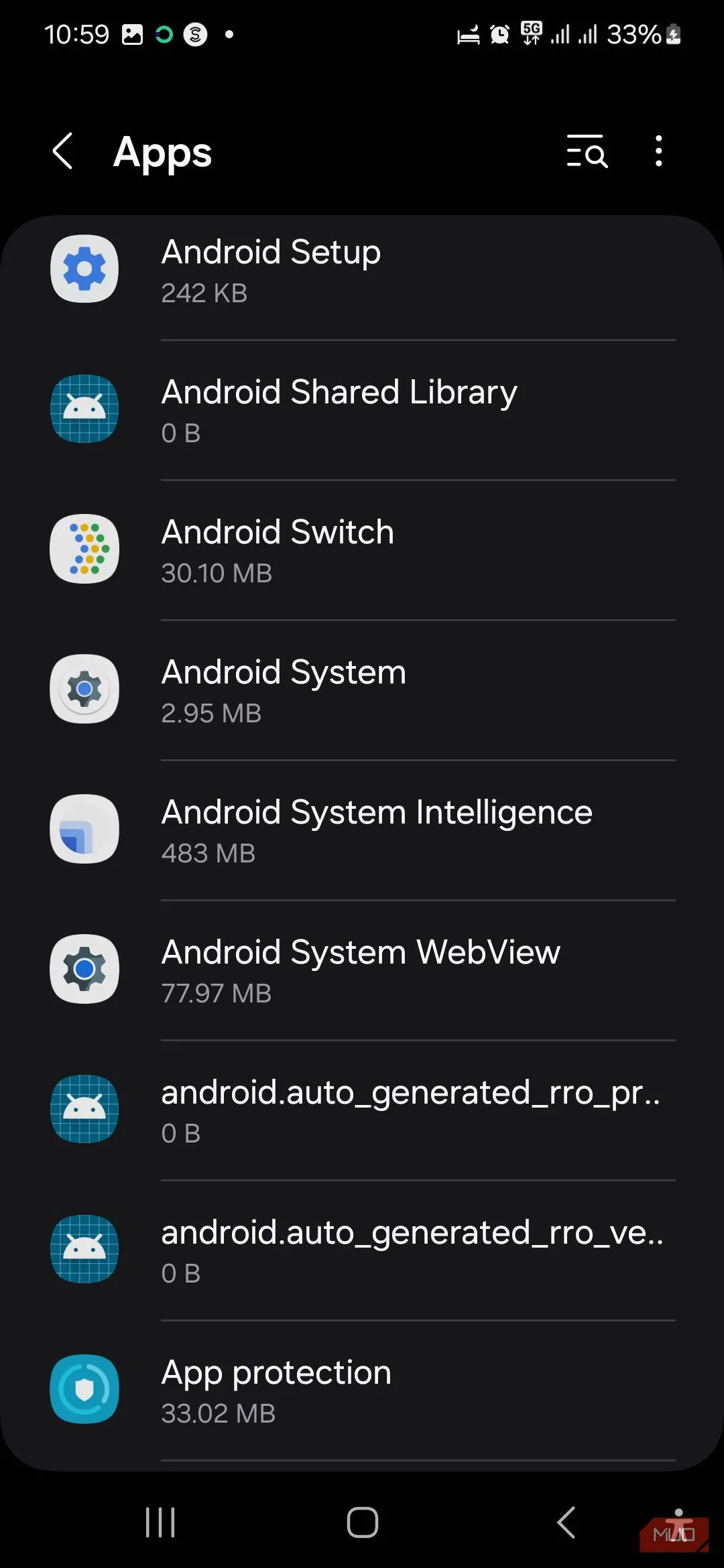 Hệ thống Android trong danh sách ứng dụng hệ thống