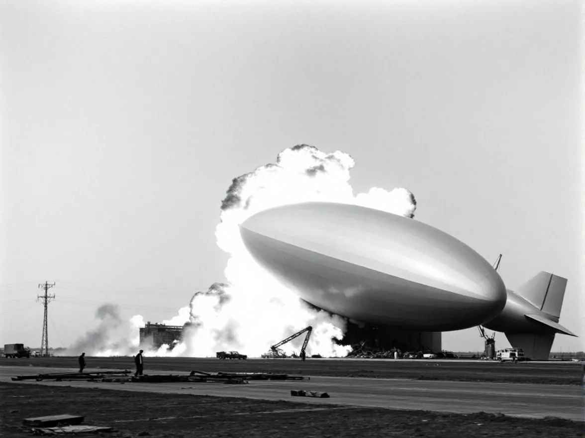 Hình ảnh AI tạo ra cảnh khinh khí cầu Hindenburg bốc cháy, thể hiện sự kiện thảm khốc