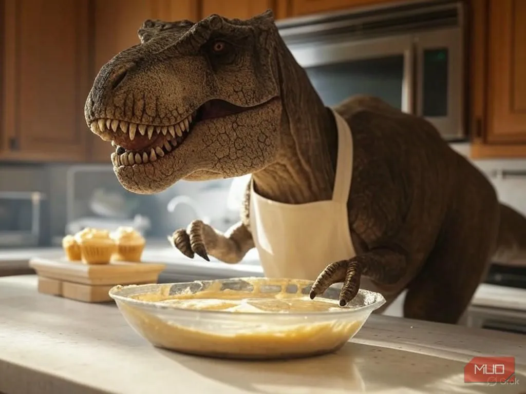 Hình ảnh AI tạo ra một con khủng long bạo chúa T. rex đang làm bánh cupcake với tạp dề đầu bếp