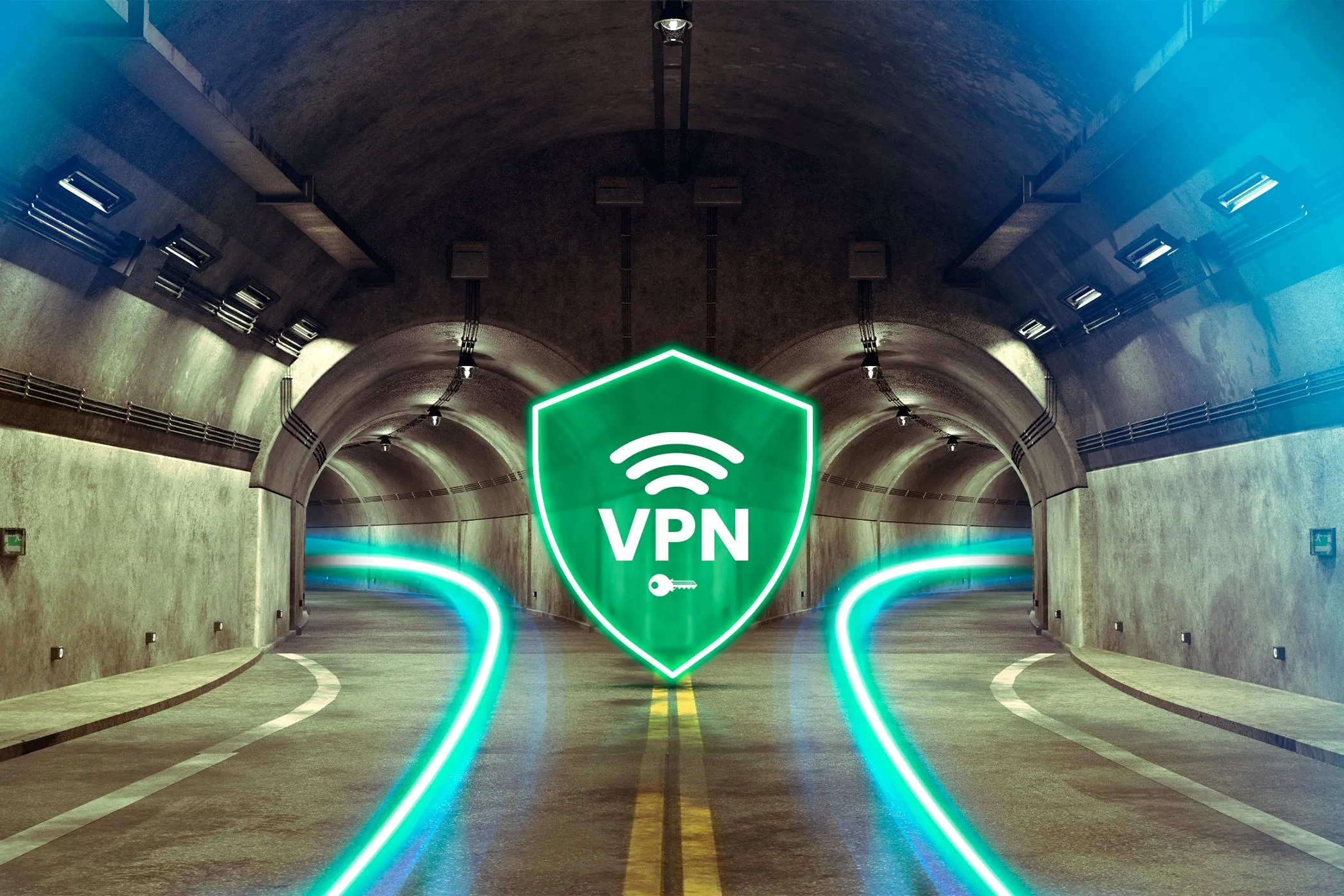 Hình ảnh ẩn dụ về đường hầm phân tách thành hai lối đi với biểu tượng VPN ở giữa, tượng trưng cho kết nối mạng bảo mật.