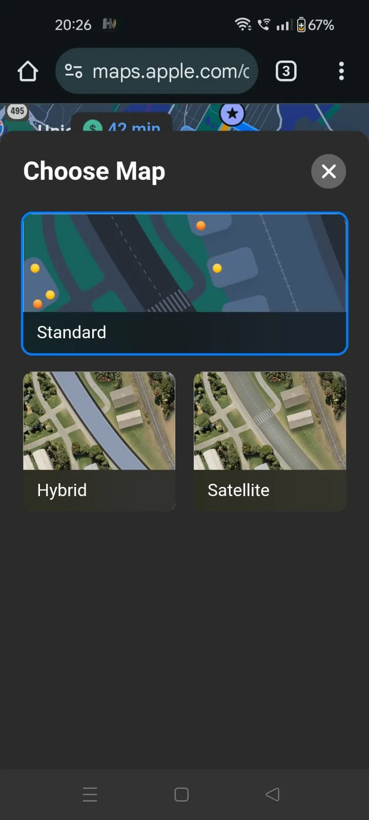 Hình ảnh Apple Maps hiển thị chế độ xem vệ tinh và hỗn hợp trên nền web di động