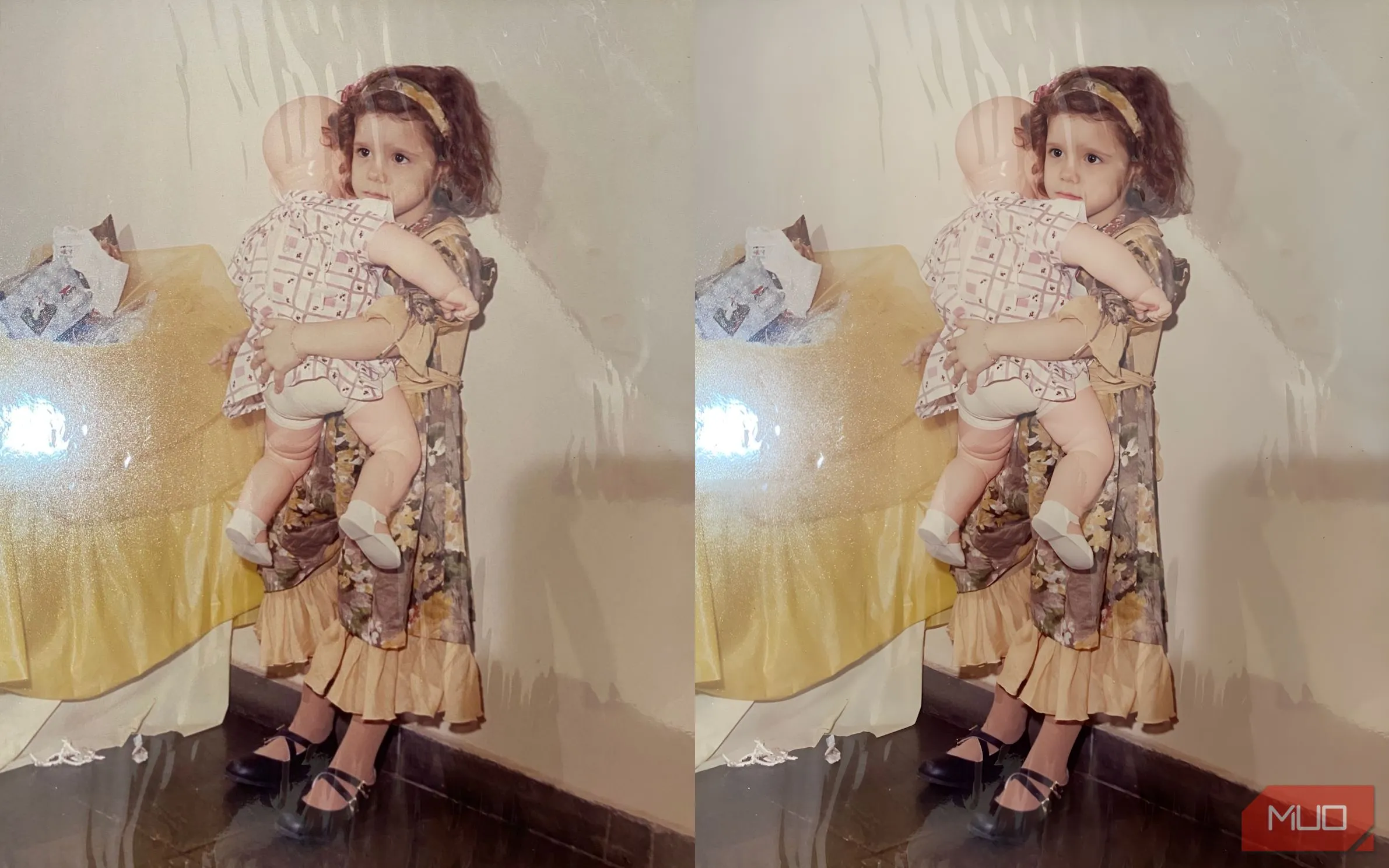 Hình ảnh bé gái ôm búp bê trước và sau khi được AI Picsart khôi phục chất lượng