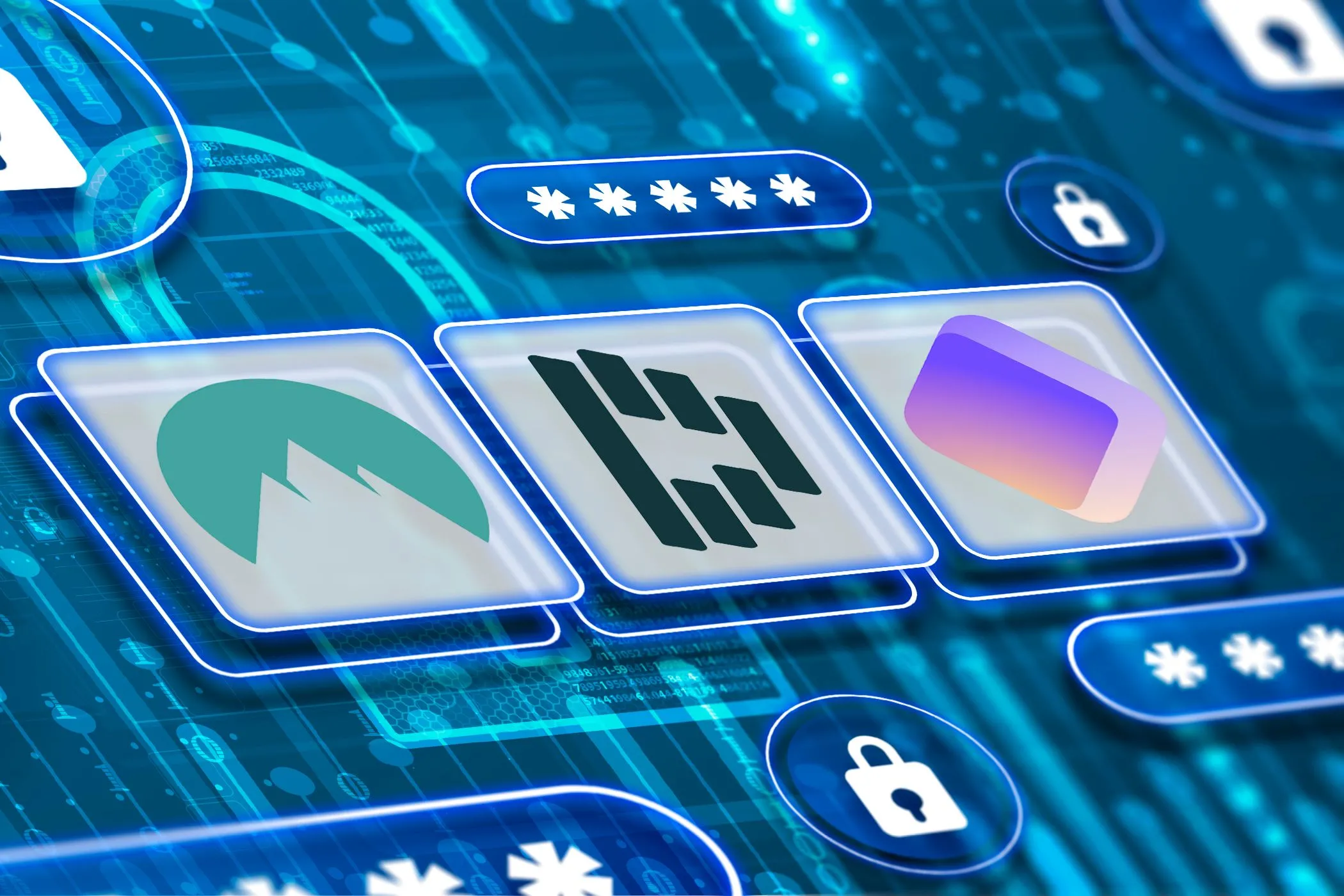 Hình ảnh biểu tượng các trình quản lý mật khẩu NordPass, Dashlane và Proton Pass cùng các biểu tượng khóa an toàn, thể hiện tầm quan trọng của việc bảo mật dữ liệu mật khẩu.