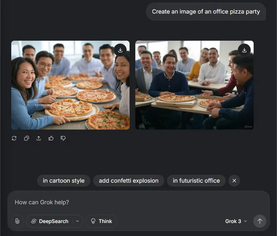 Hình ảnh bữa tiệc pizza do Grok Aurora tạo ra, thể hiện khả năng tạo ảnh thực tế