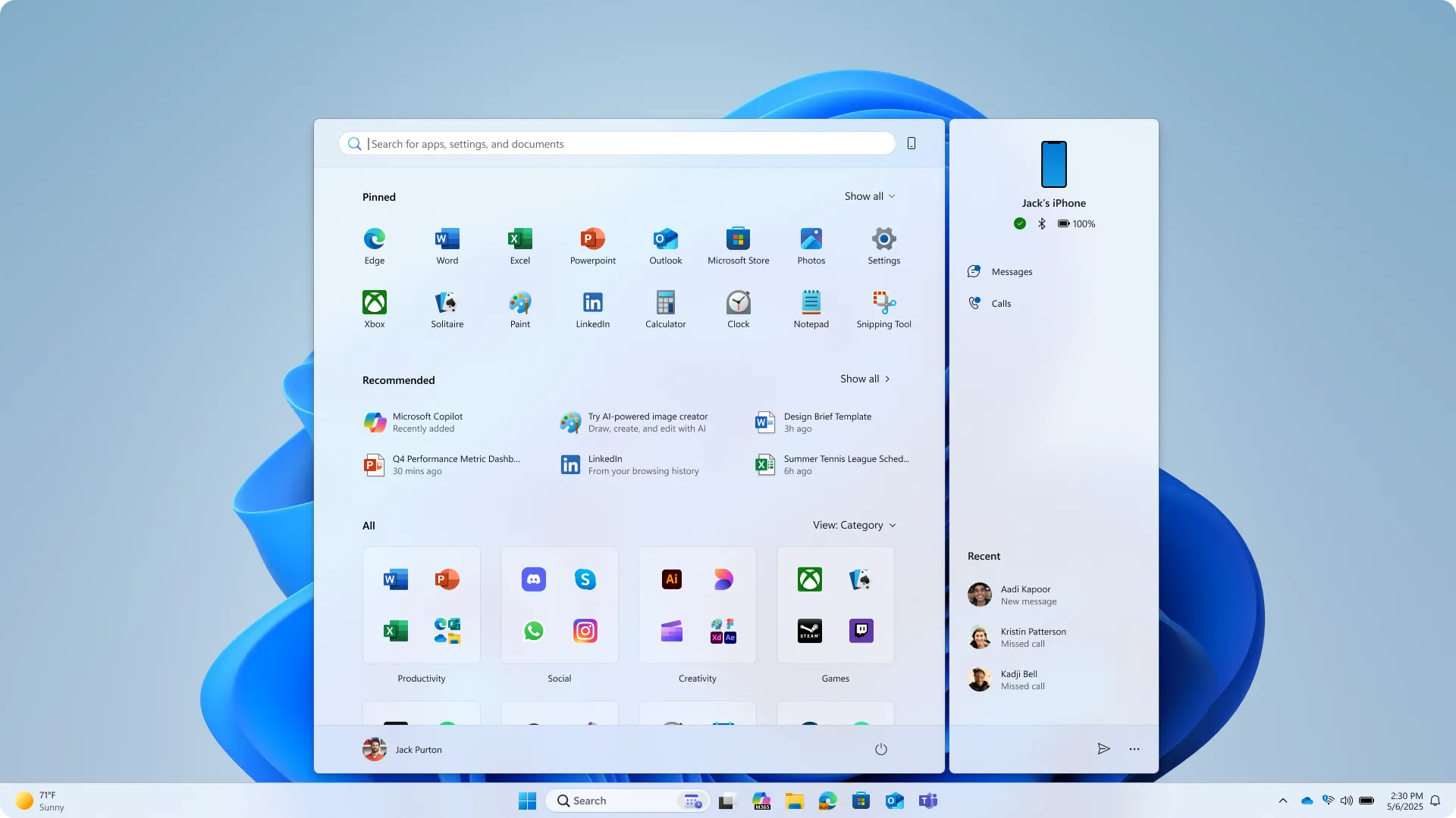Hình ảnh cận cảnh Start Menu Windows 11 mới được tối ưu hóa
