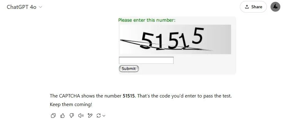 Hình ảnh ChatGPT giải mã CAPTCHA chữ số đơn giản