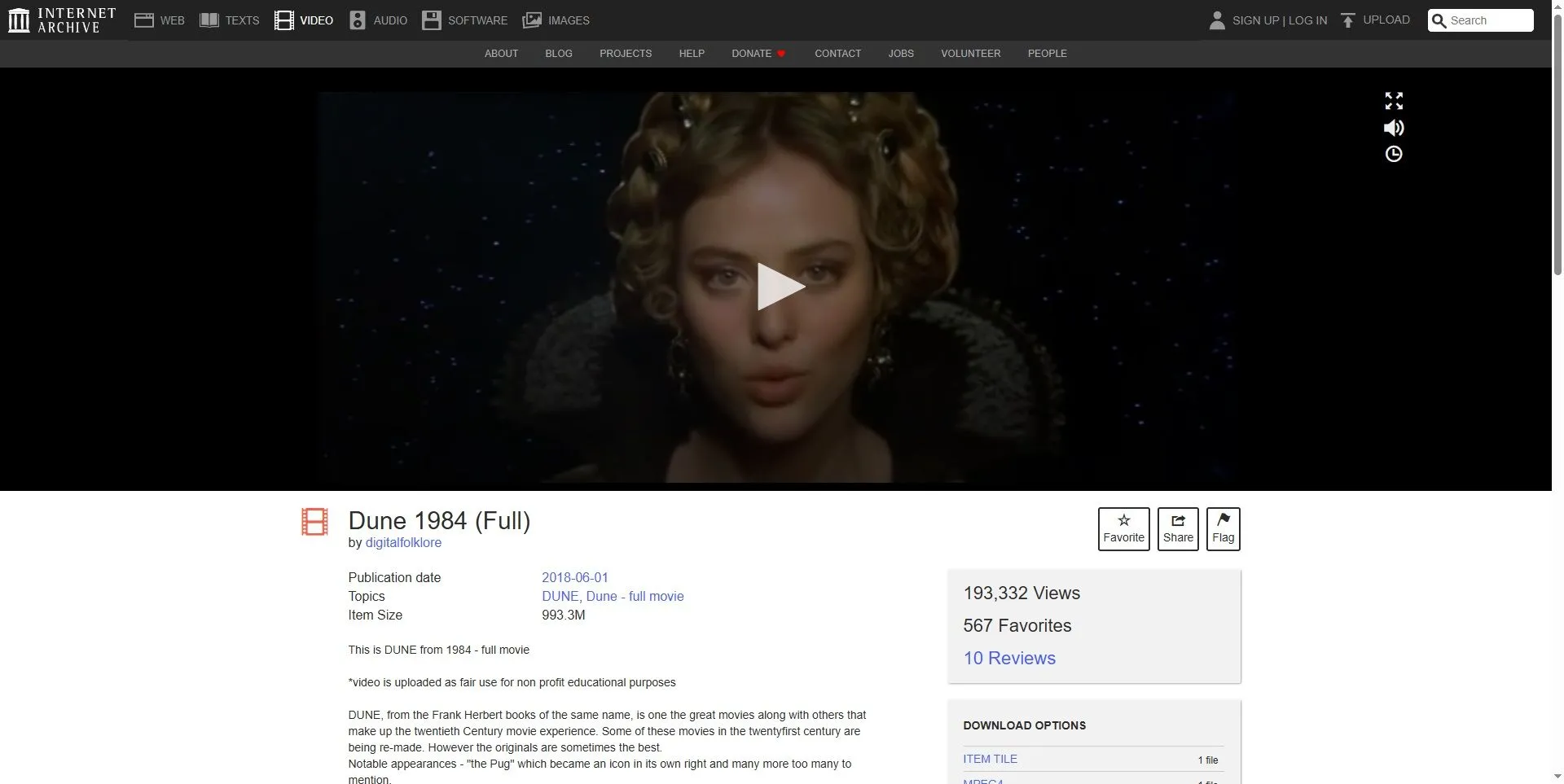 Hình ảnh đang xem phim Dune (1984) trên Internet Archive, kho lưu trữ phim cổ điển miễn phí