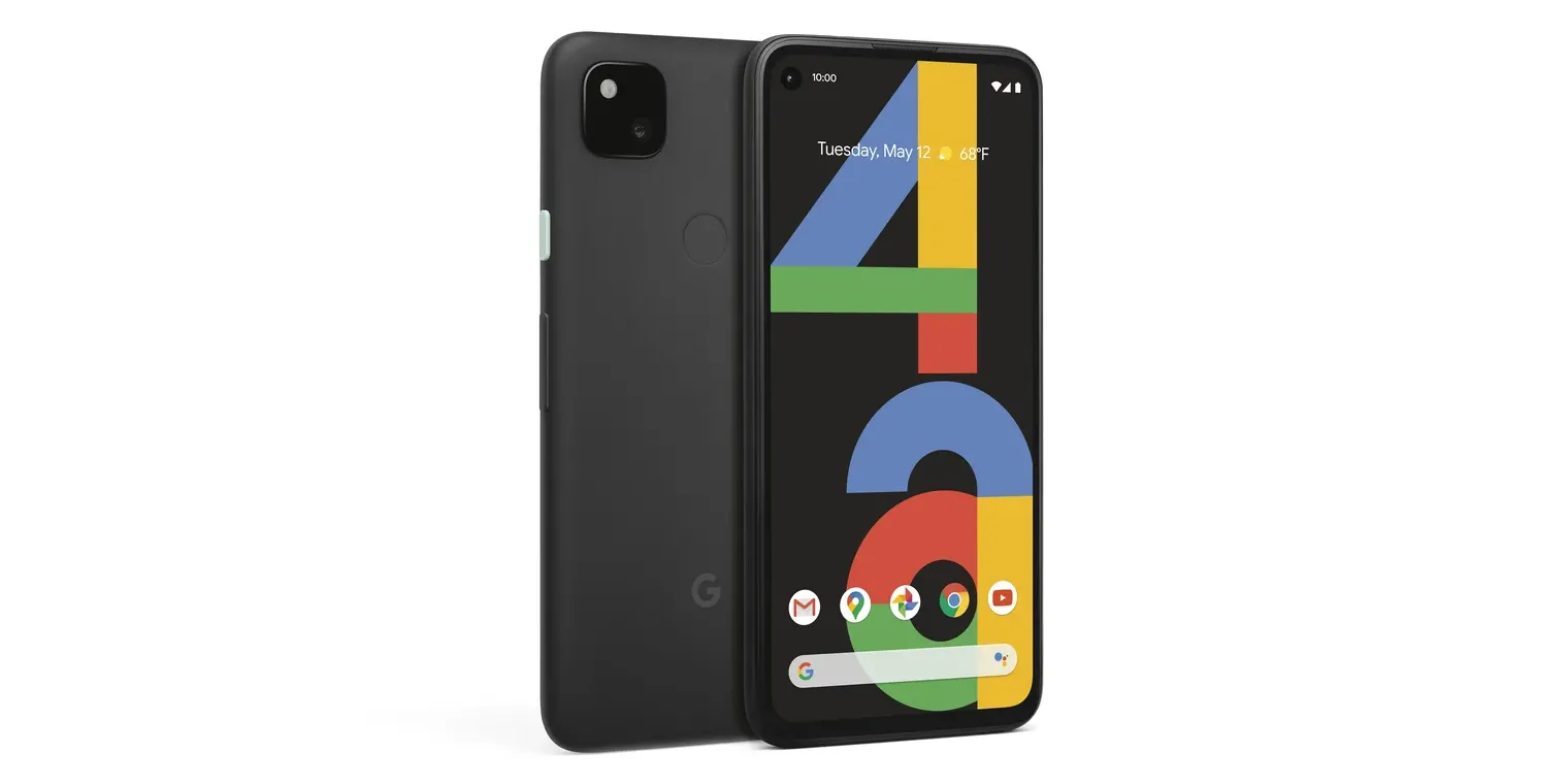Hình ảnh điện thoại Google Pixel 4a nhìn từ mặt trước và mặt sau, thể hiện thiết kế tổng thể của mẫu smartphone đã ngừng sản xuất