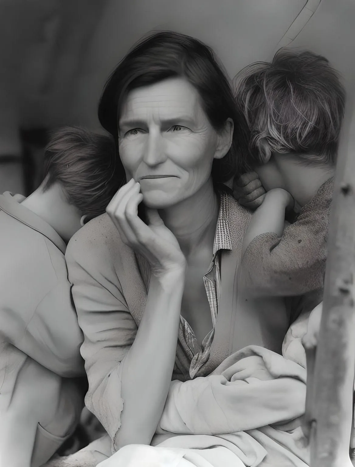 Hình ảnh do AI tạo ra dựa trên ảnh gốc Migrant Mother, thể hiện bố cục tương tự