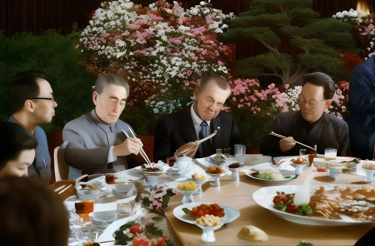 Hình ảnh do AI tạo ra dựa trên ảnh Nixon ở Trung Quốc, với bố cục tương tự nhưng chất lượng hình ảnh và khuôn mặt bị giảm sút