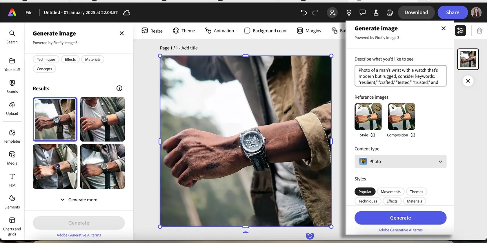 Hình ảnh đồng hồ phong cách sống được tạo bằng AI Adobe Firefly, với chi tiết đồng hồ rõ nét và phông nền mờ.