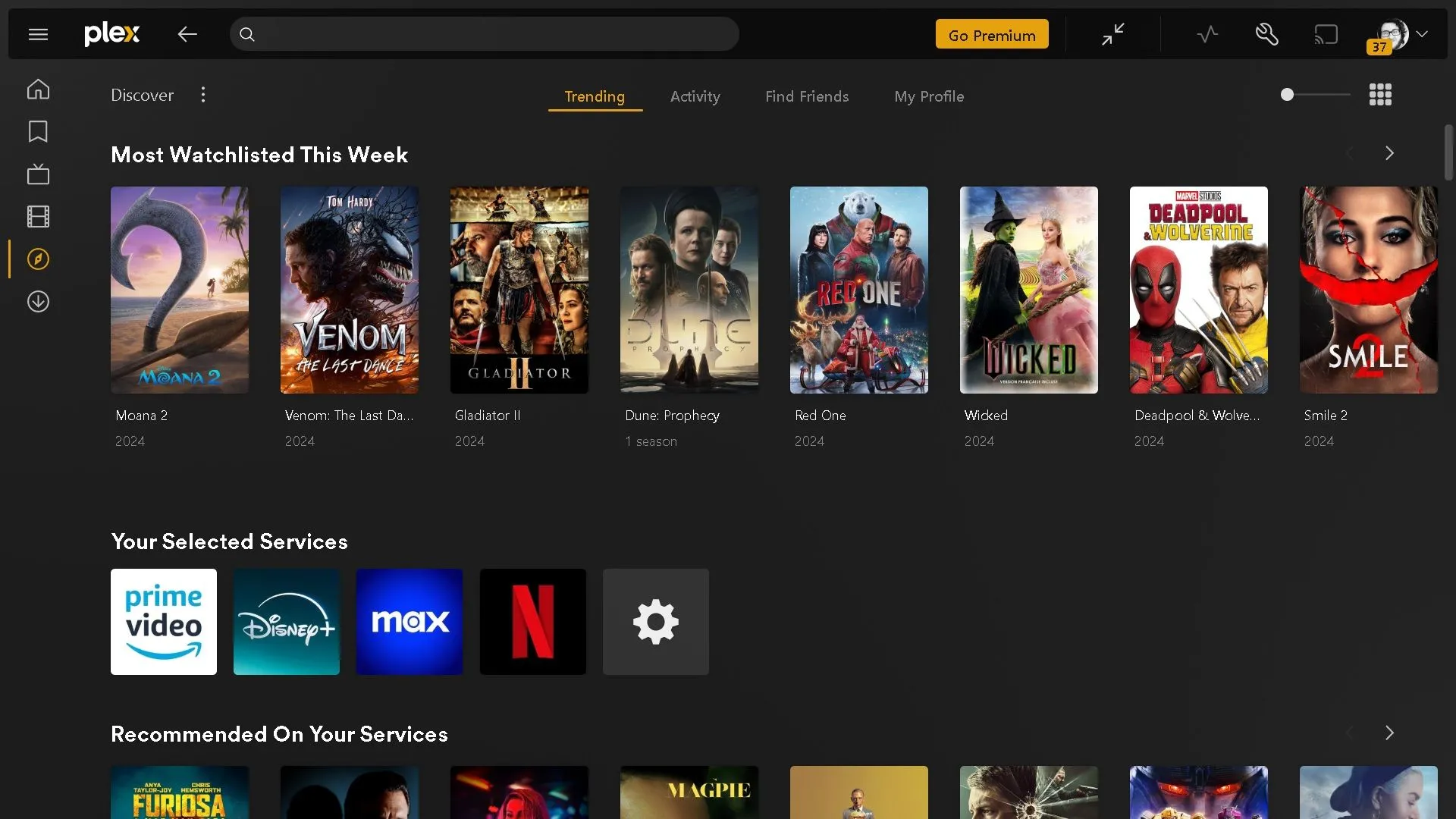 Hình ảnh giao diện Plex Discover tìm kiếm phim và chương trình TV