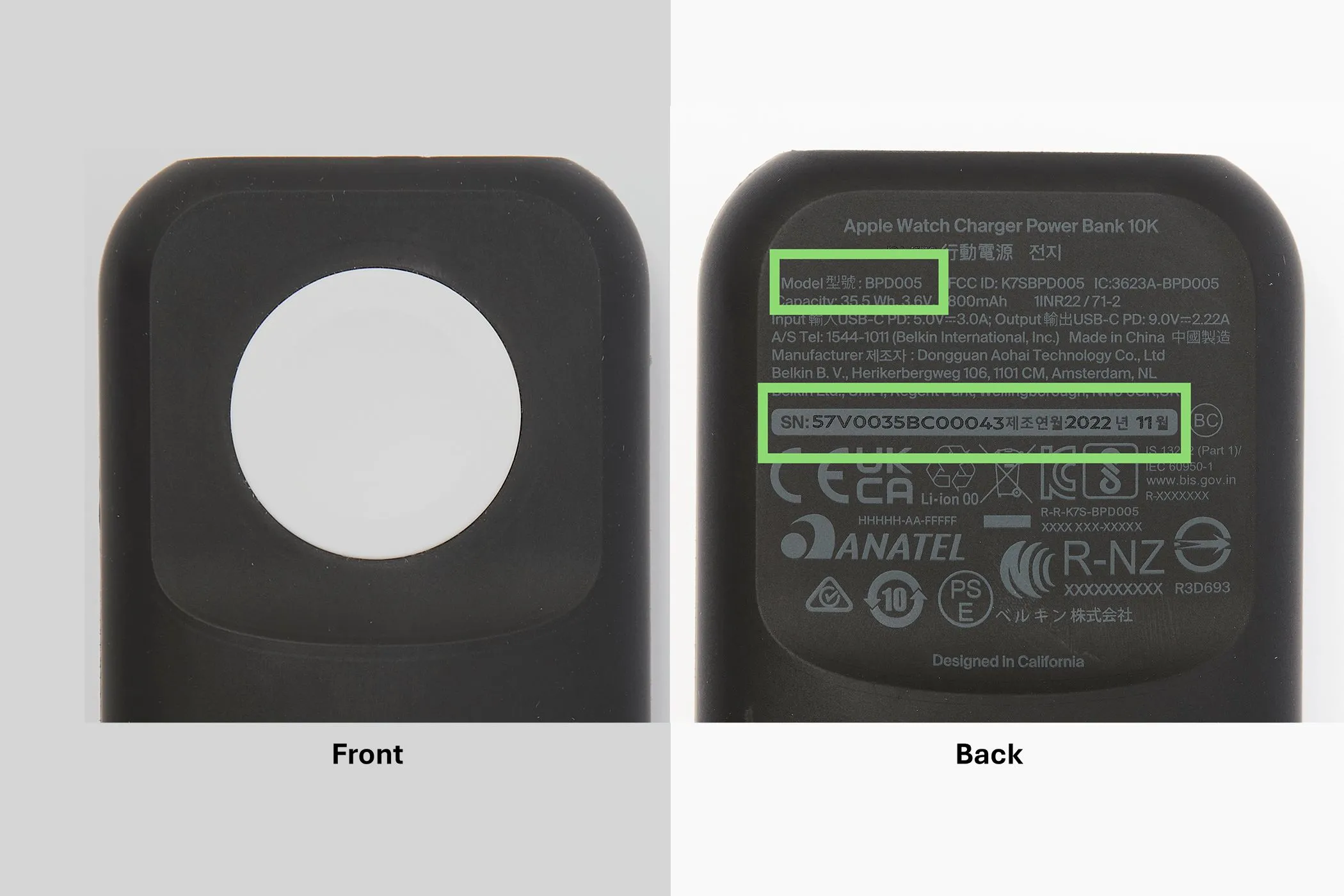 Hình ảnh mặt trước và mặt sau sạc dự phòng Belkin BoostCharge Pro 10K cho Apple Watch, model BPD005, minh họa chi tiết nhận biết sản phẩm bị thu hồi.