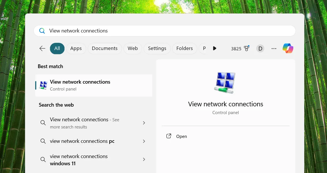 Hình ảnh minh họa cách mở công cụ Kết nối mạng bằng cách tìm kiếm trong Menu Start của Windows