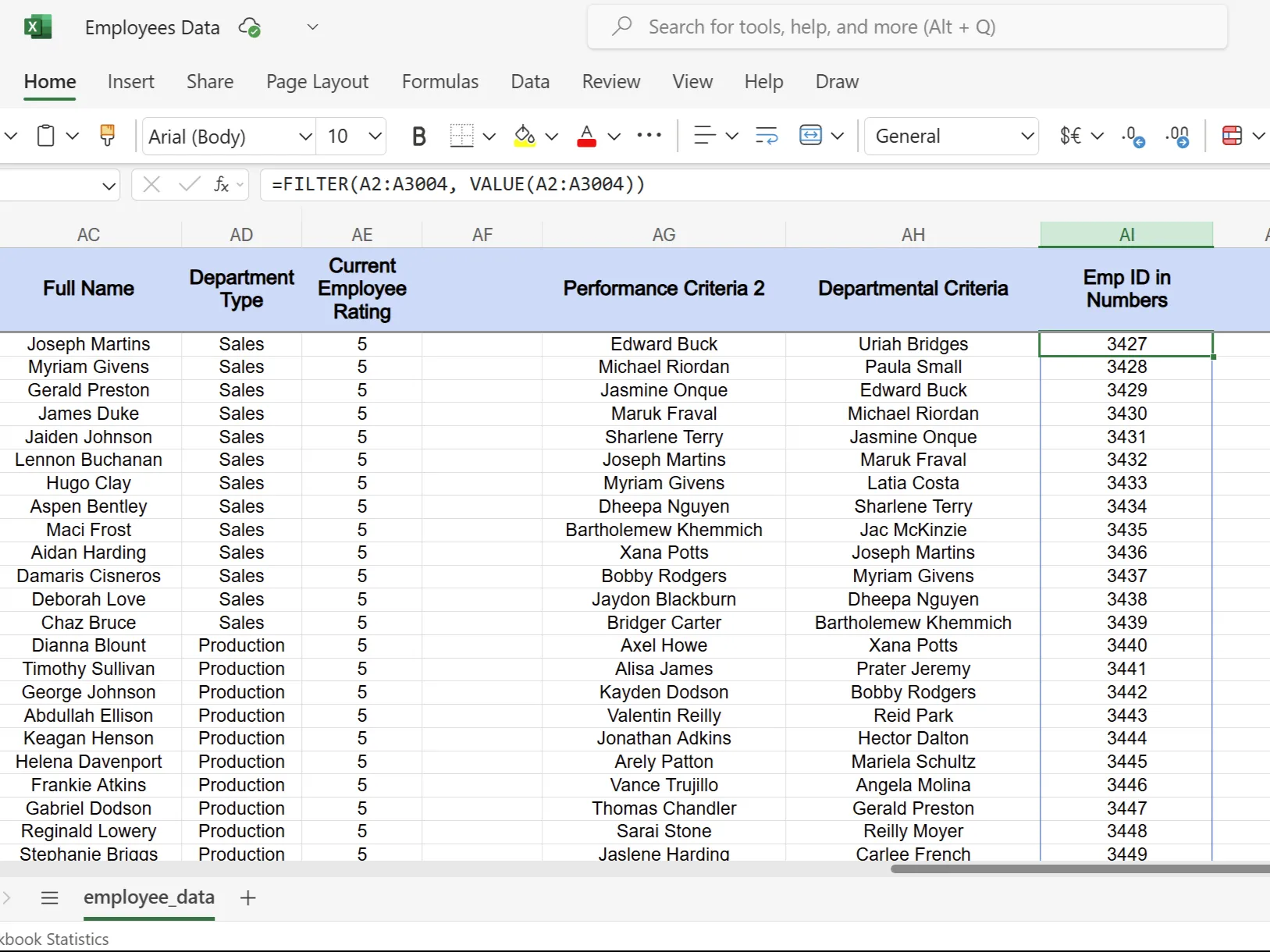 Hình ảnh minh họa chuyển đổi ID nhân viên từ văn bản sang số trong Excel bằng hàm VALUE.