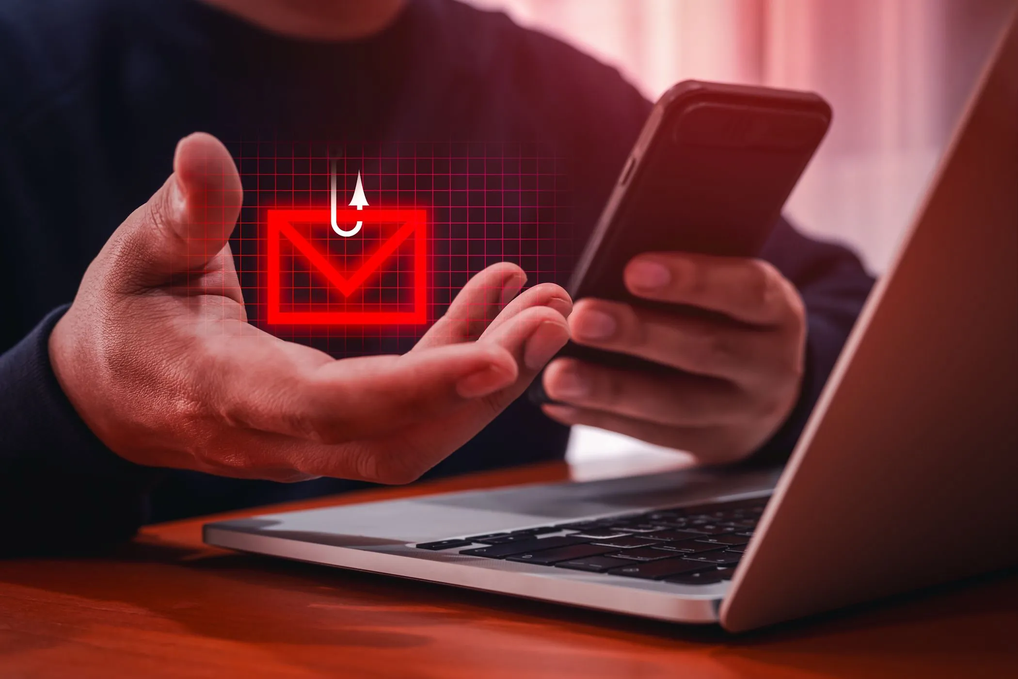 Hình ảnh minh họa cuộc tấn công smishing qua tin nhắn SMS với biểu tượng phong bì và máy tính xách tay