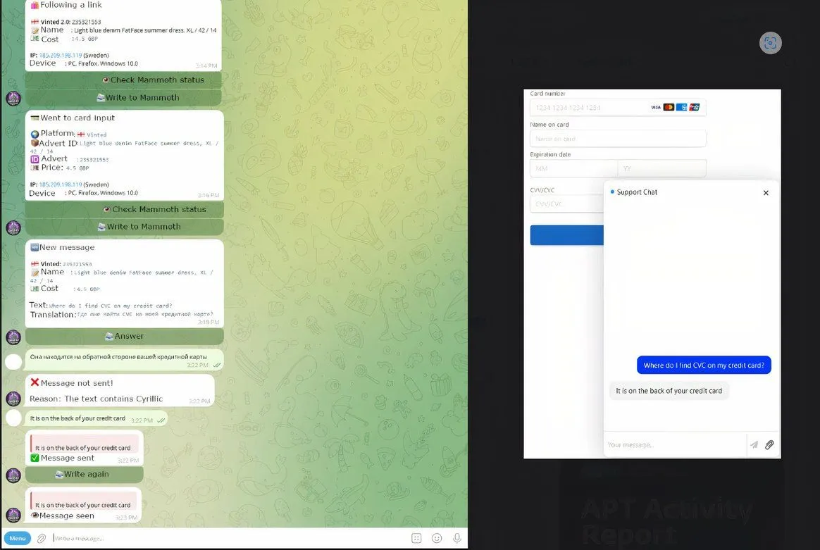Hình ảnh minh họa giao diện chatbot Telekopye từ góc nhìn kẻ tấn công và nạn nhân