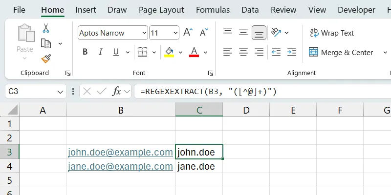 Hình ảnh minh họa hàm REGEXEXTRACT trong Excel trích xuất phần tên người dùng từ địa chỉ email.
