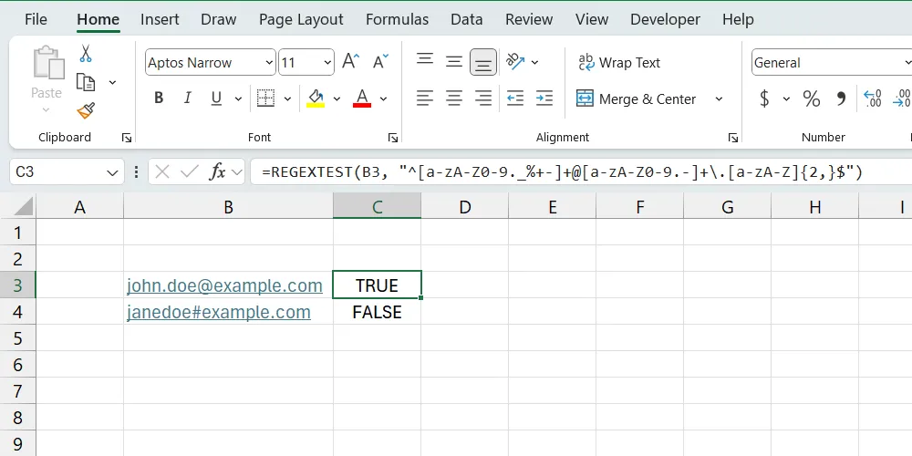 Hình ảnh minh họa hàm REGEXTEST trong Excel kiểm tra định dạng email hợp lệ.