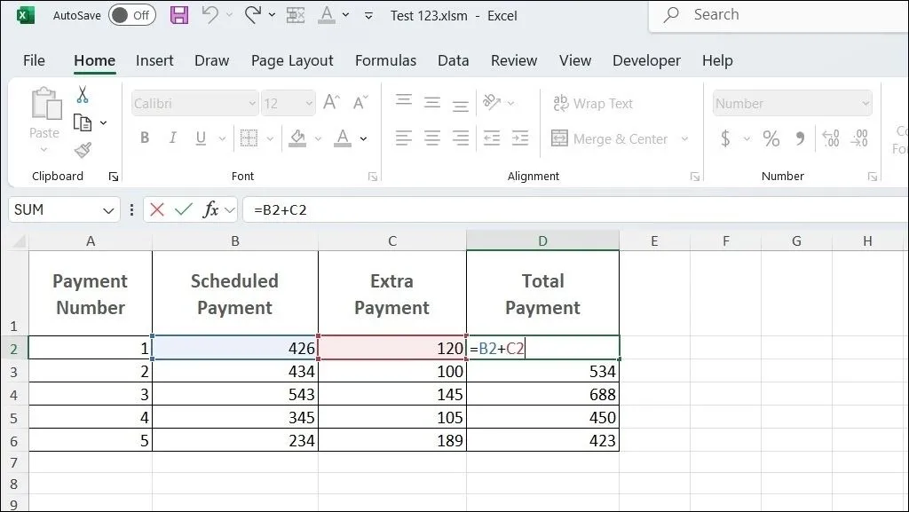 Hình ảnh minh họa một công thức cộng cơ bản trong Excel, hiển thị ô chứa công thức và kết quả tính toán