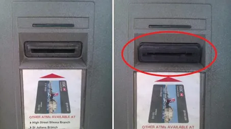 Hình ảnh minh họa so sánh cây ATM có gắn thiết bị skimmer và cây ATM thông thường, giúp nhận biết dễ dàng.