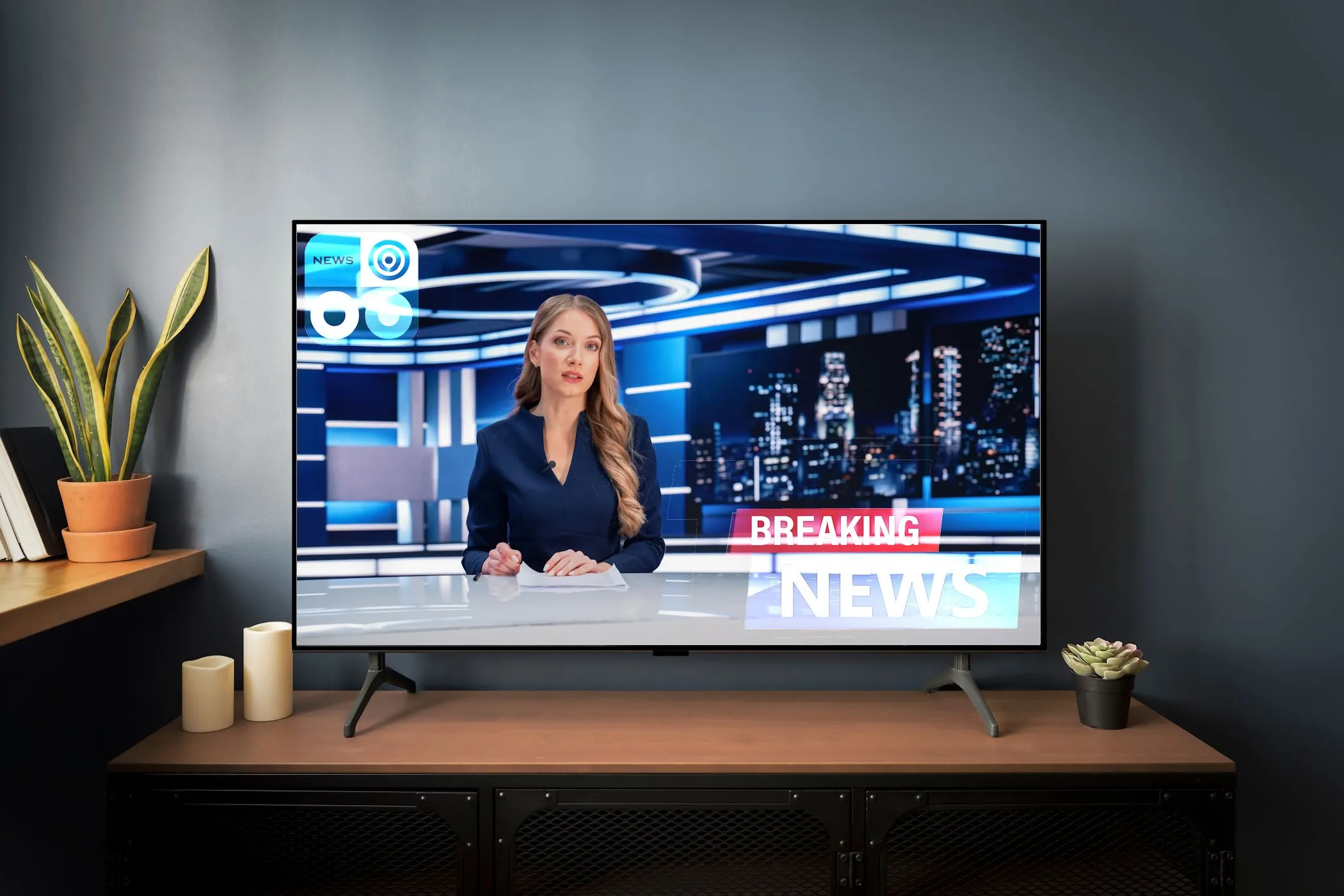 Hình ảnh minh họa TV bị hiện tượng lưu ảnh (burn-in) do hiển thị kênh tin tức với logo tĩnh lâu