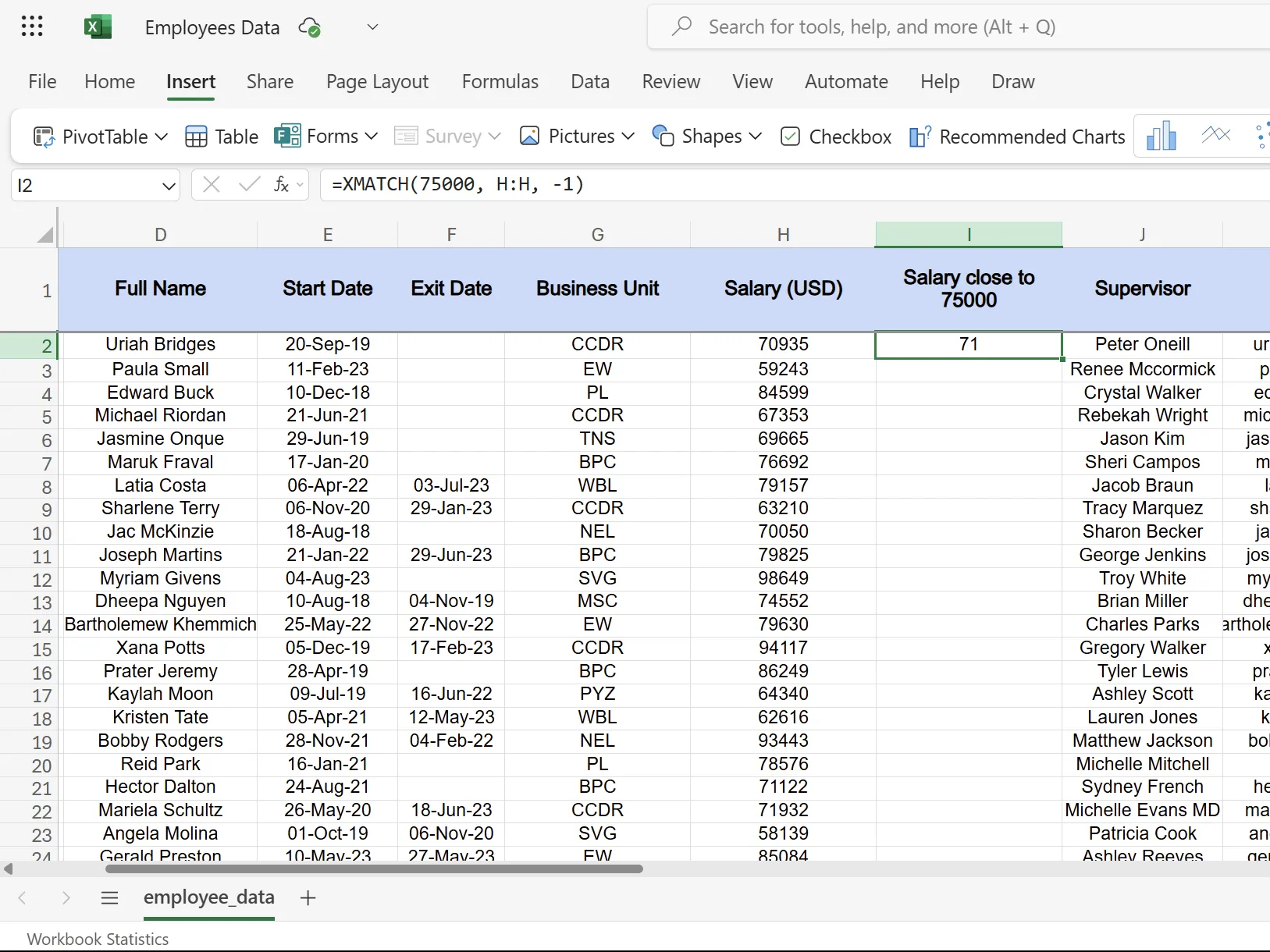 Hình ảnh minh họa XMATCH Excel tìm vị trí mức lương gần nhất không vượt quá 75,000 USD