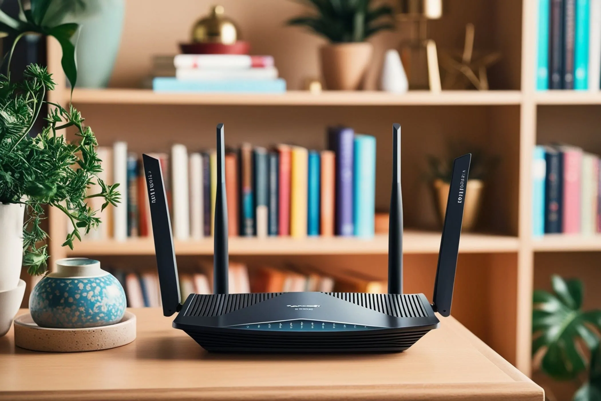 Hình ảnh một bộ định tuyến Wi-Fi hiện đại với bốn ăng-ten, đặt trên bàn cạnh kệ sách, minh họa vị trí tối ưu cho router Wi-Fi gia đình.