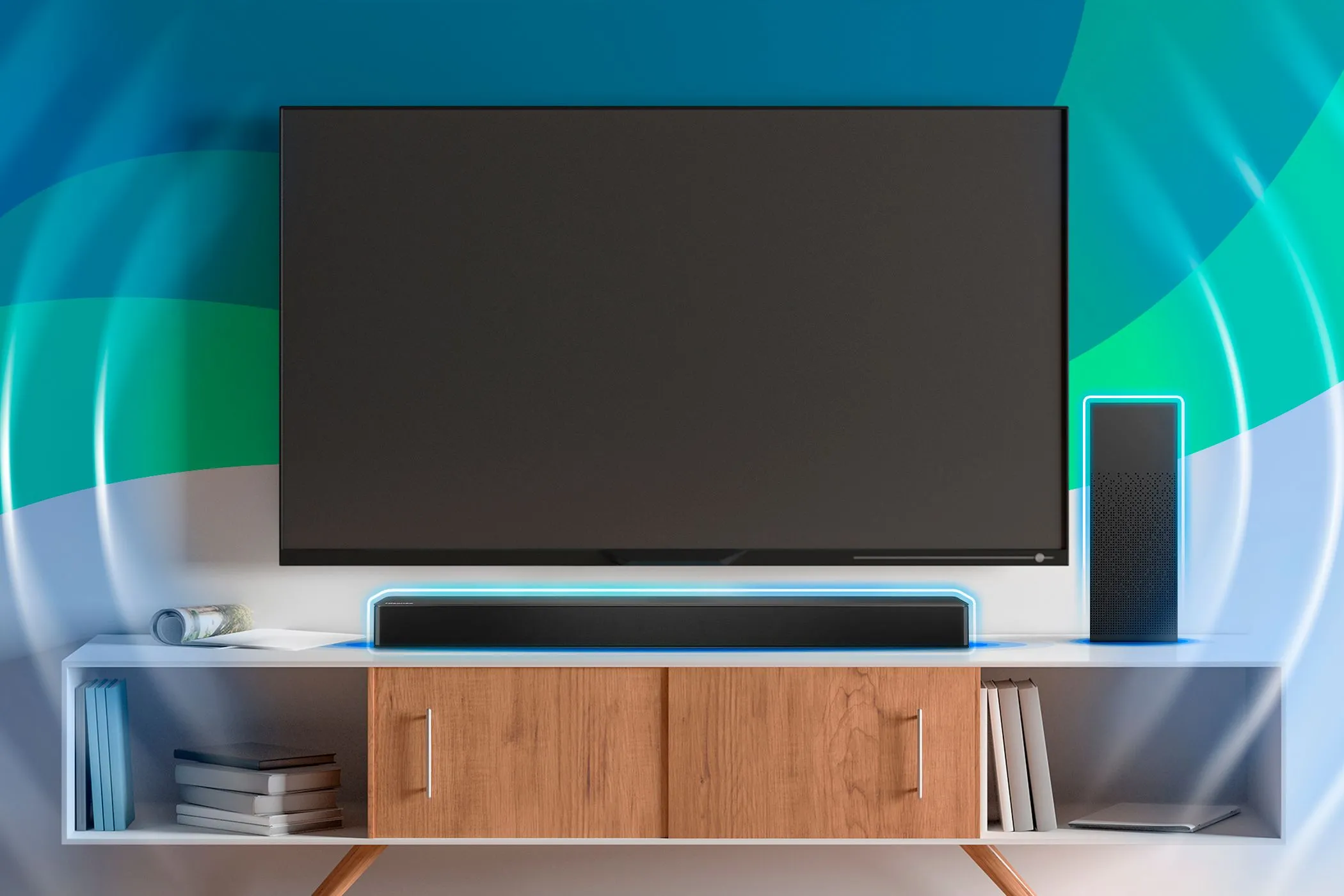 Hình ảnh một chiếc TV gắn trên tường với soundbar đặt trên kệ bên dưới, tạo không gian giải trí hiện đại.