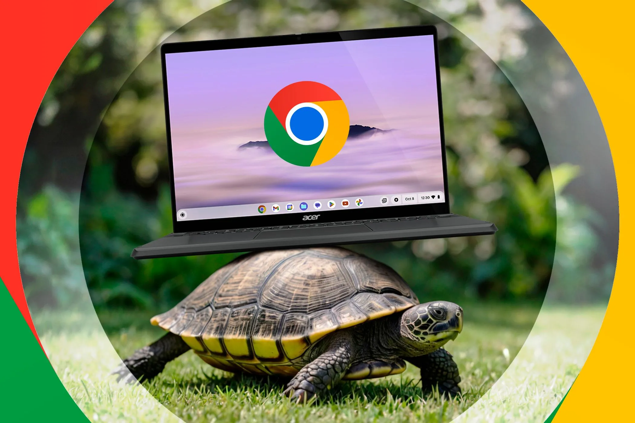 Hình ảnh một con rùa cõng chiếc Chromebook trên lưng, tượng trưng cho những hạn chế về hiệu năng khi xử lý các tác vụ nặng.