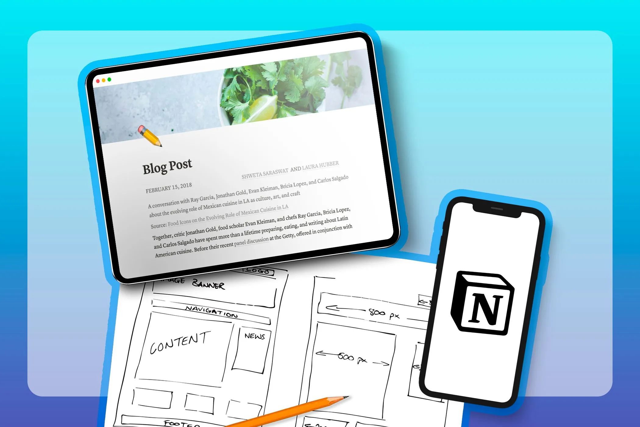 Hình ảnh một máy tính bảng hiển thị trang web được tạo bằng Notion Sites, cùng với các bản phác thảo thiết kế website và điện thoại có logo Notion.