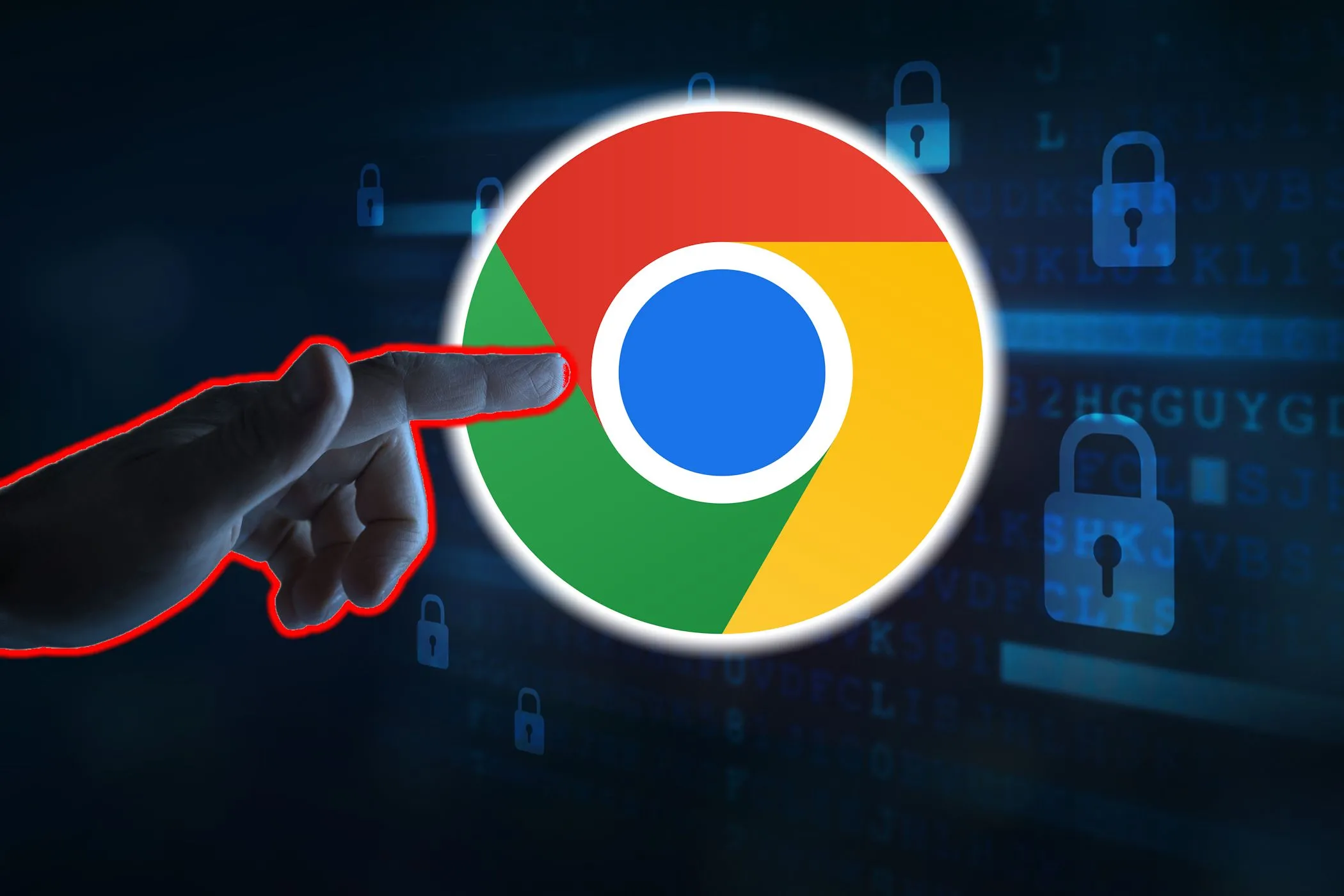 Hình ảnh một người chỉ vào logo Google Chrome, tượng trưng cho các cuộc tấn công bảo mật và rủi ro gián điệp qua tiện ích mở rộng