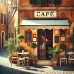 Hình ảnh một quán cà phê với chữ "Café" được tạo bởi DALL-E, thể hiện lỗi chính tả hoặc thiếu dấu