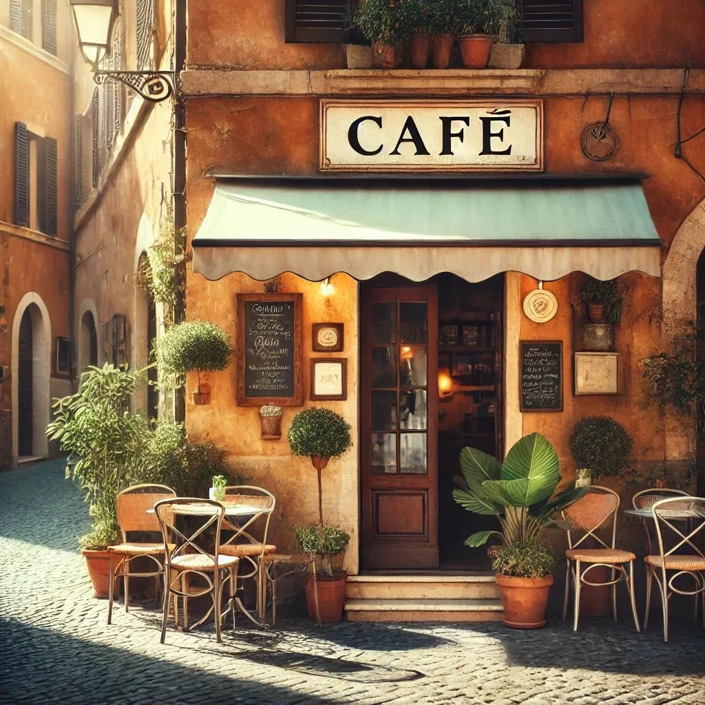 Hình ảnh một quán cà phê với chữ "Café" được tạo bởi DALL-E, thể hiện lỗi chính tả hoặc thiếu dấu