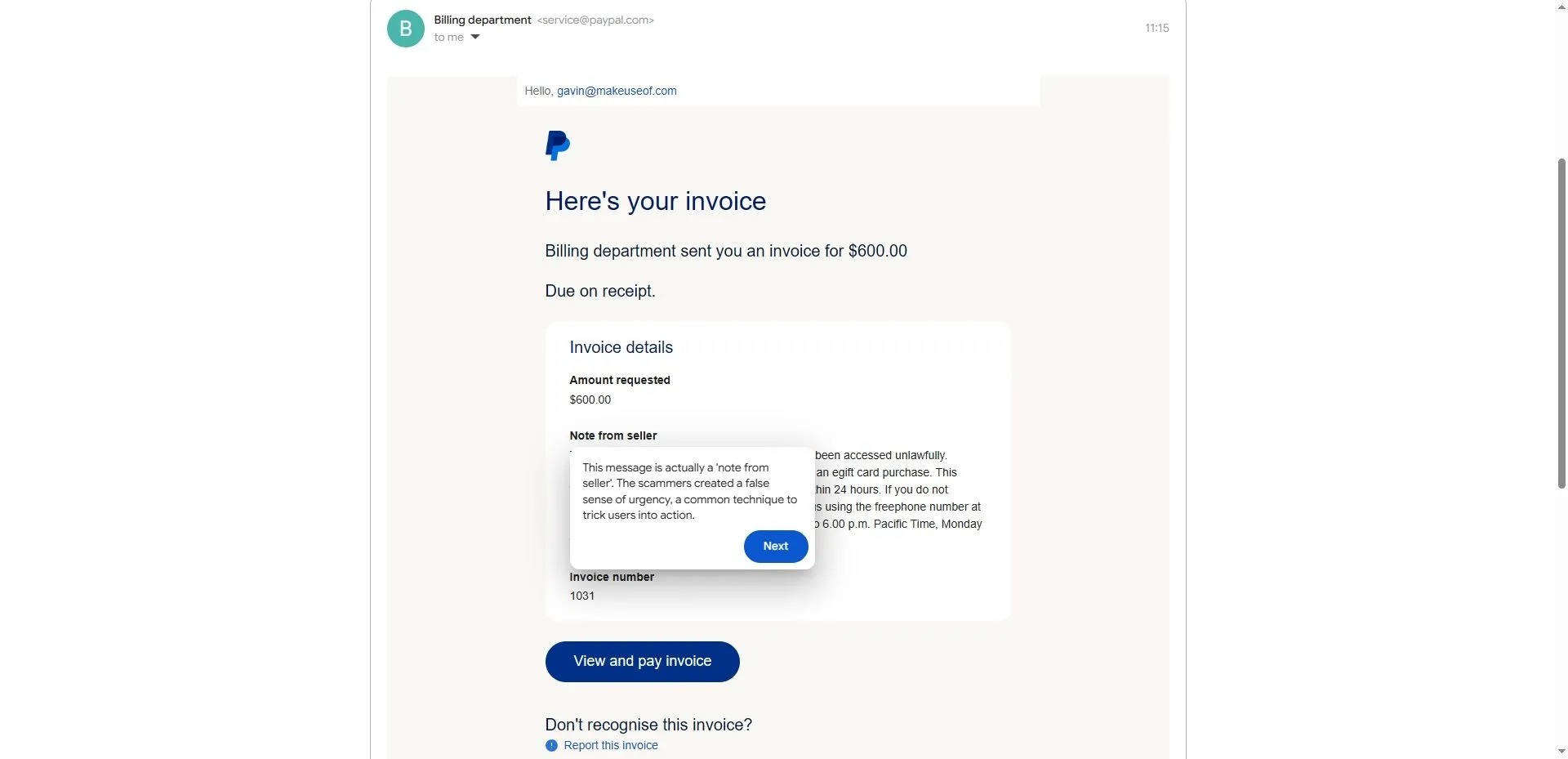 Hình ảnh một ví dụ email lừa đảo PayPal từ Google Phishing Quiz, hiển thị hóa đơn giả mạo.