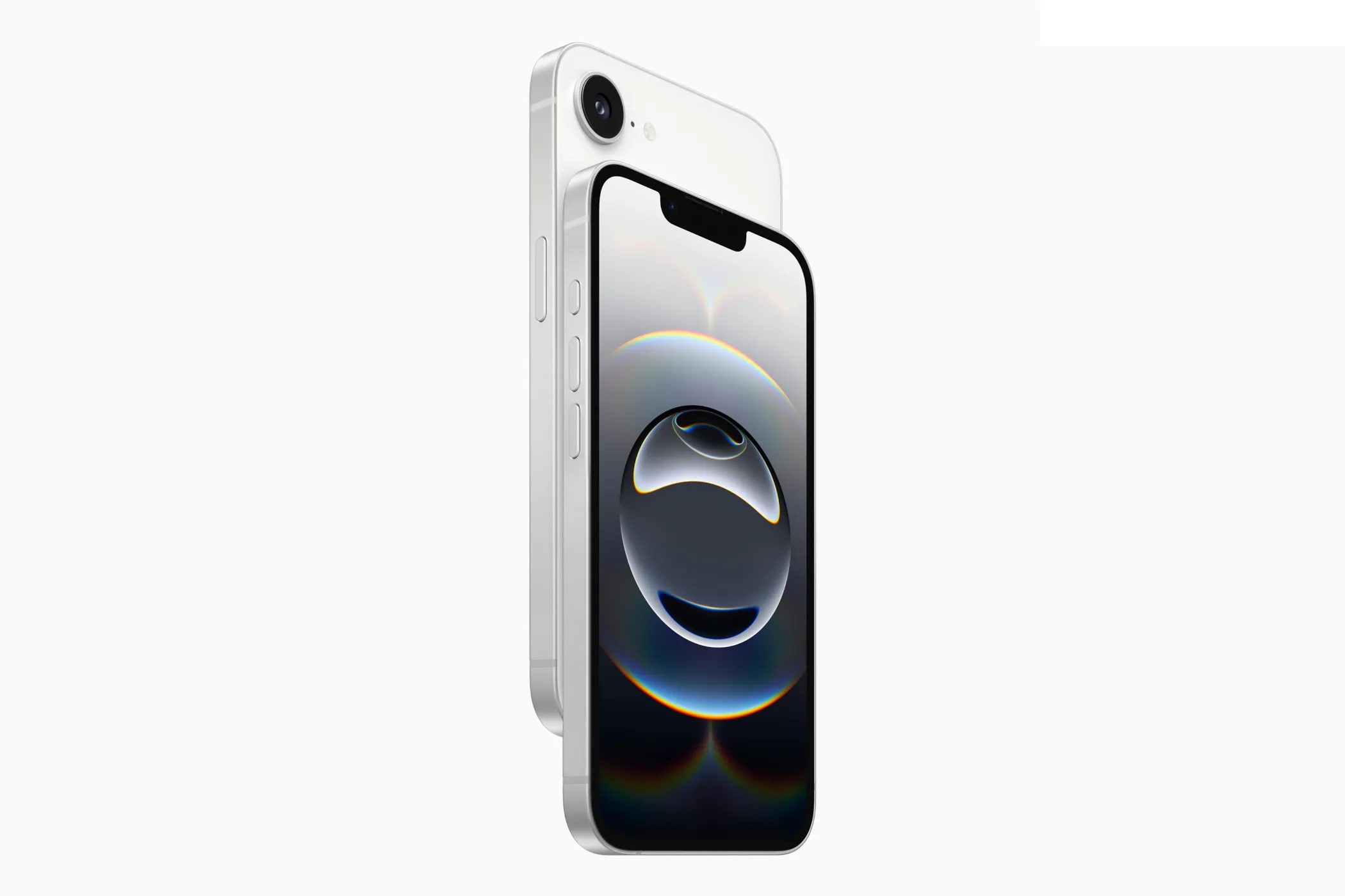 Hình ảnh sản phẩm iPhone 16e màu trắng với thiết kế tai thỏ