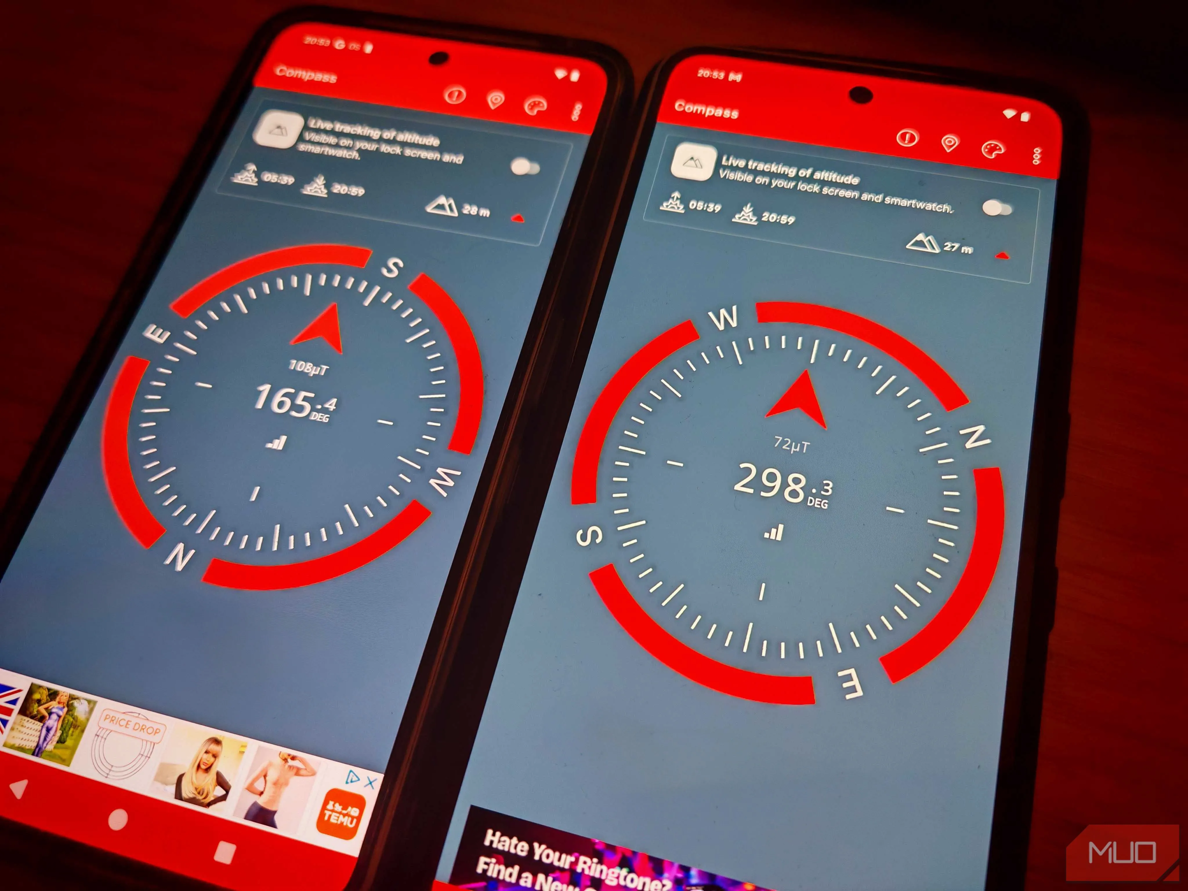 Hình ảnh so sánh kết quả đo la bàn không nhất quán từ hai điện thoại Nothing Phone