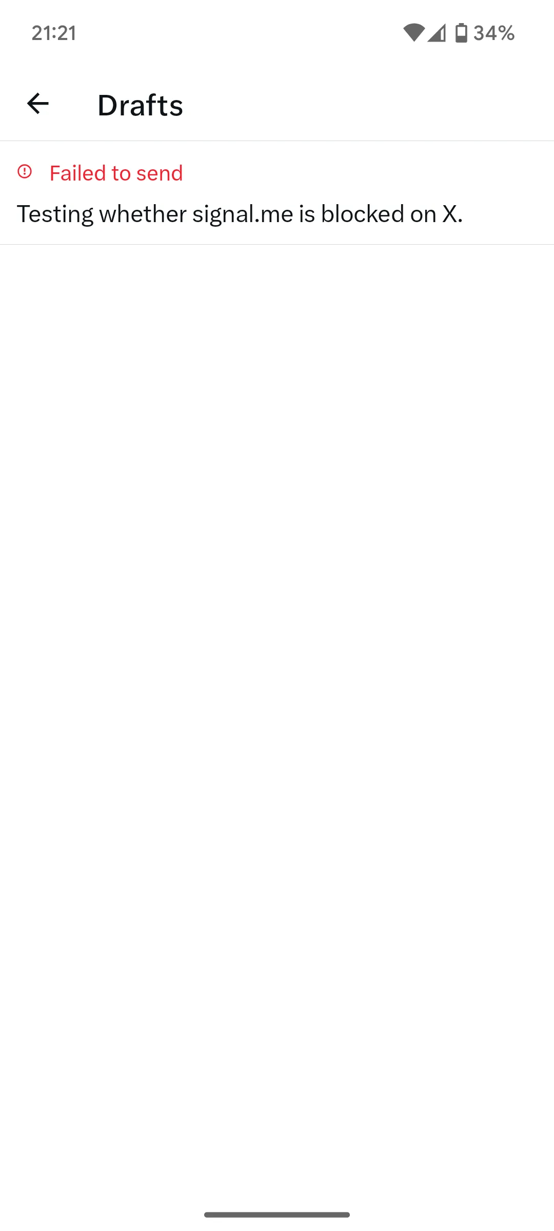 Hình ảnh tweet trên X không đăng được do chứa liên kết Signal.me, báo lỗi chuyển về bản nháp