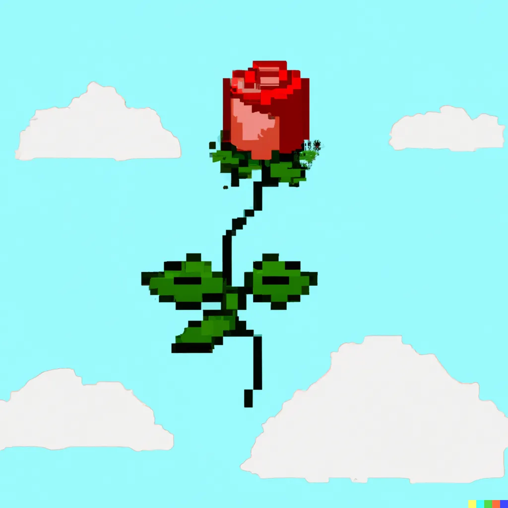 Hoa hồng pixel art tạo bởi DALL-E 2 trên nền trời xanh, minh họa sự phát triển của AI trong thiết kế.