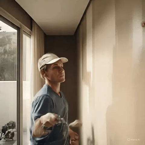 Hoạt ảnh GIF của người đàn ông sơn tường với cánh tay chuyển động bất thường và con lăn biến dạng