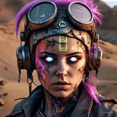Hoạt ảnh GIF của người phụ nữ Cyberpunk với camera pan chậm rãi tạo cảm giác hùng vĩ