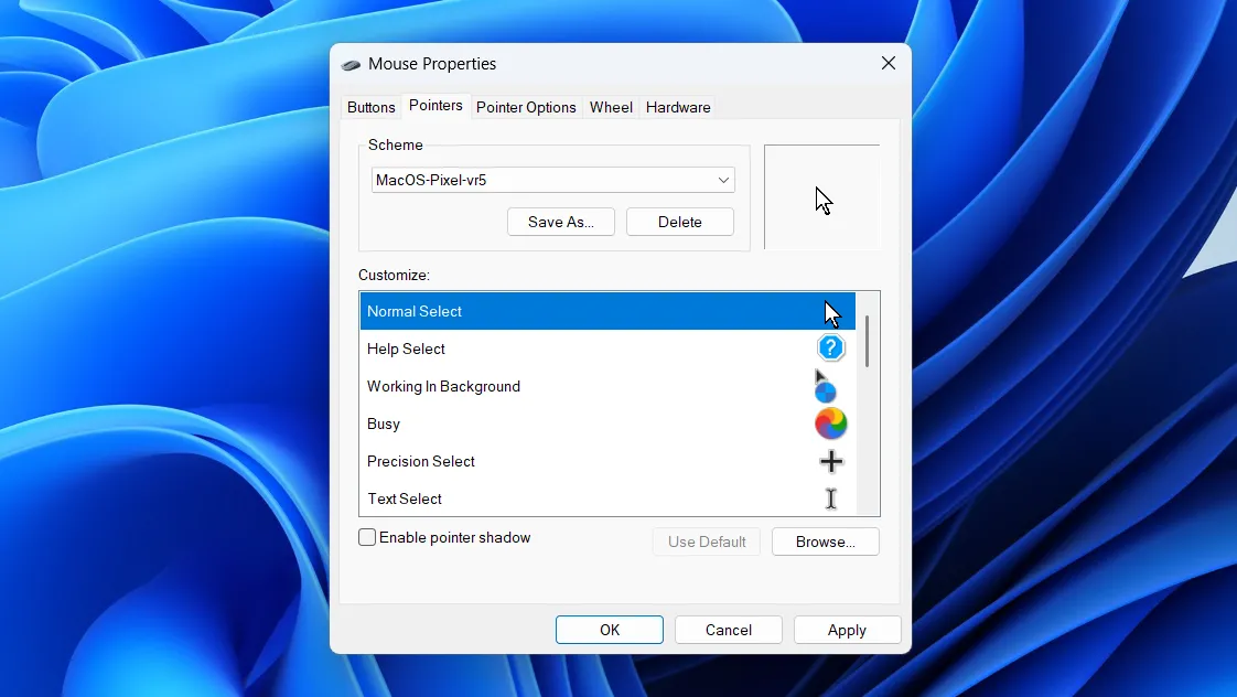 Hộp thoại cài đặt chuột Mouse Properties trên Windows 11