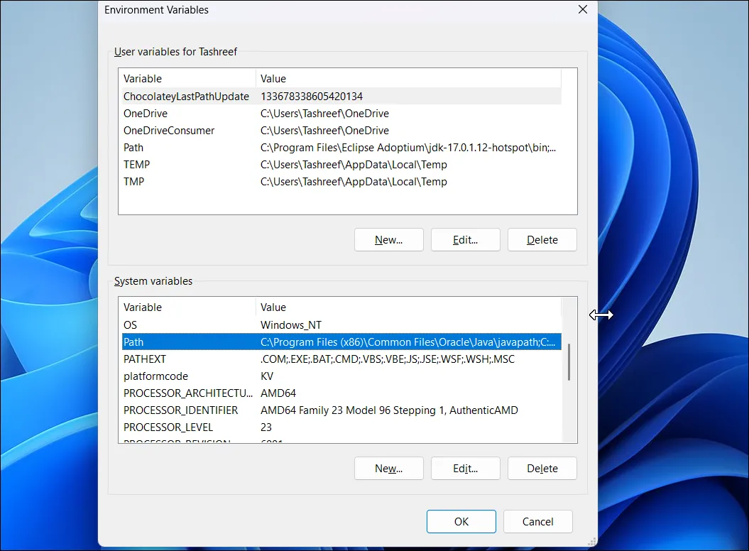 Hộp thoại Environment Variables với biến Path được chọn để thêm đường dẫn SDelete
