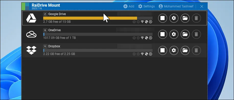 Hộp thoại &quot;Gắn ổ đĩa đã kết nối&quot; của RaiDrive trên Windows 11, cho phép người dùng quản lý các drive đám mây