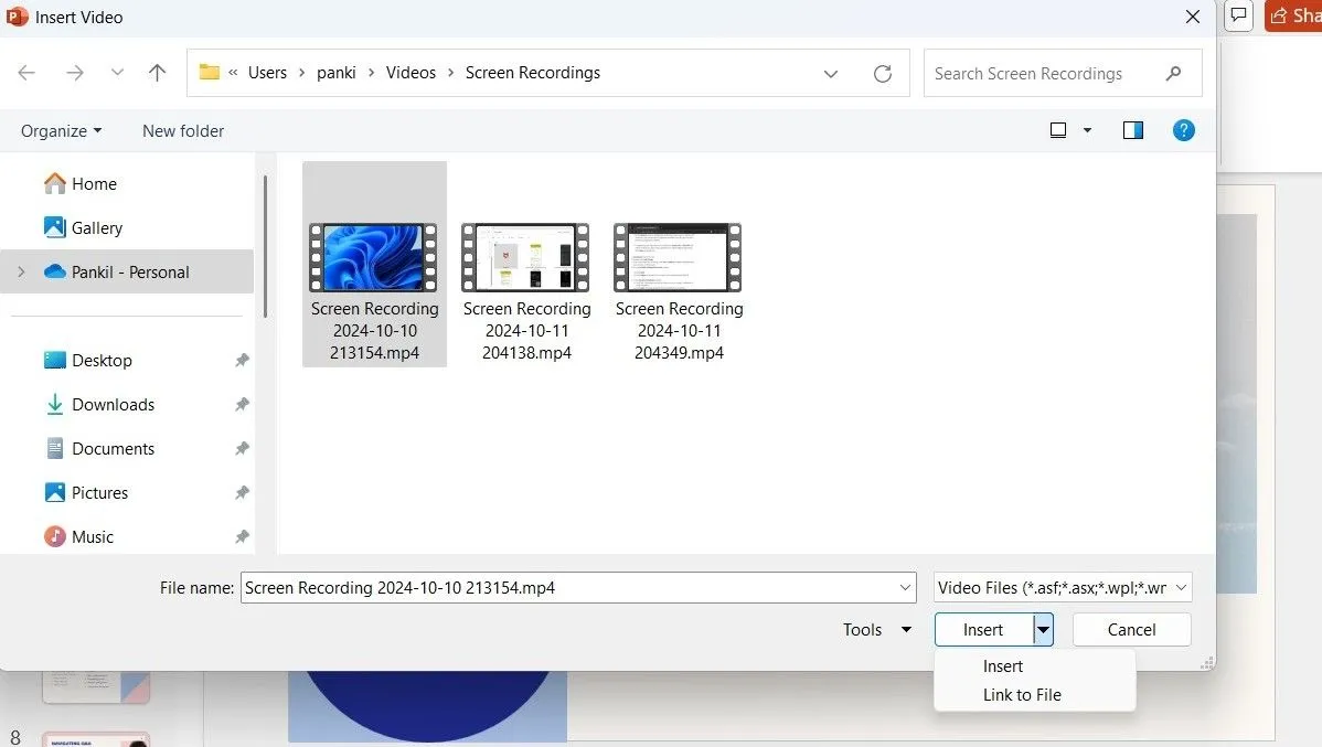 Hộp thoại Insert Video trong PowerPoint hiển thị tùy chọn chèn hoặc liên kết video từ thiết bị.